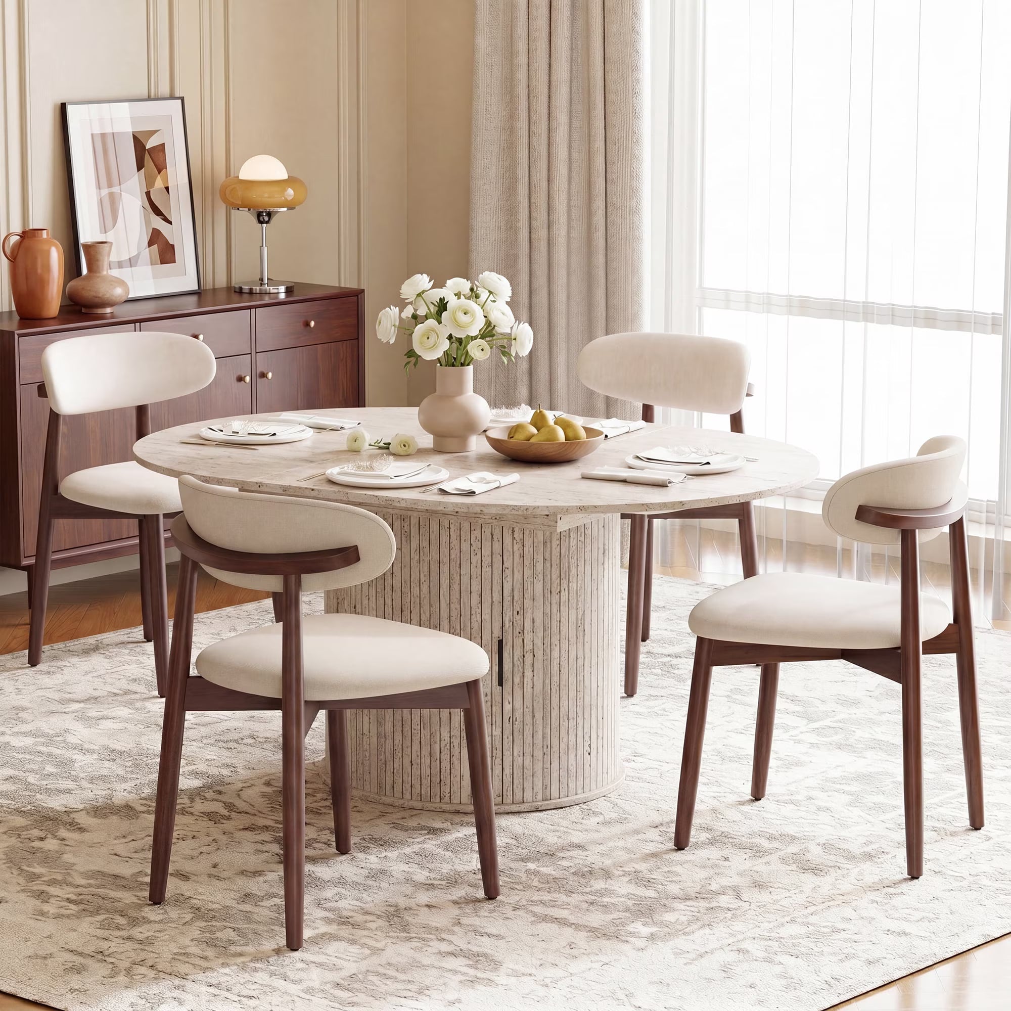 AFO Expandable Dining Table Set, Round to Oval Wood Kitchen Table with Storage Cabinet and Chairs for Small Spaces