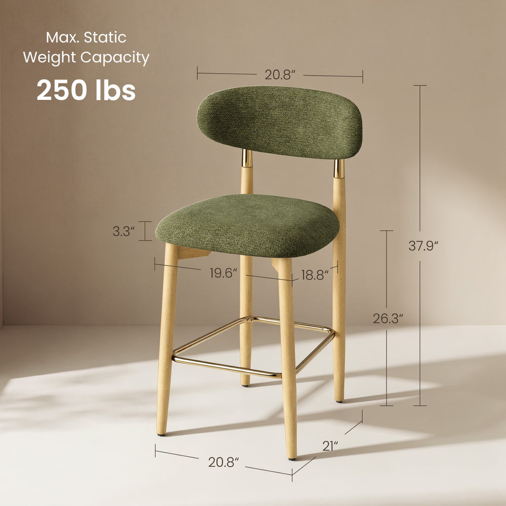 AFO Upholstered Counter Height Bar Stools, Kitchen Bar Stools With Curved Back & Wood Legs, Mid Century Modern Counter Chairs for Dining Room