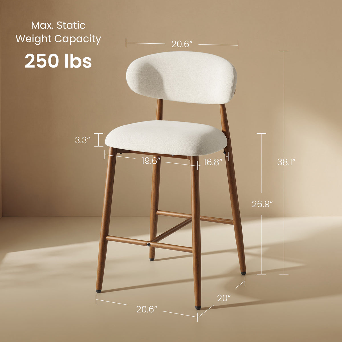 AFO Upholstered Counter Height Bar Stools, Kitchen Bar Stools With Ergonomic Curved Back & Footrest, Modern Counter Chairs for Kitchen Island Dining Room