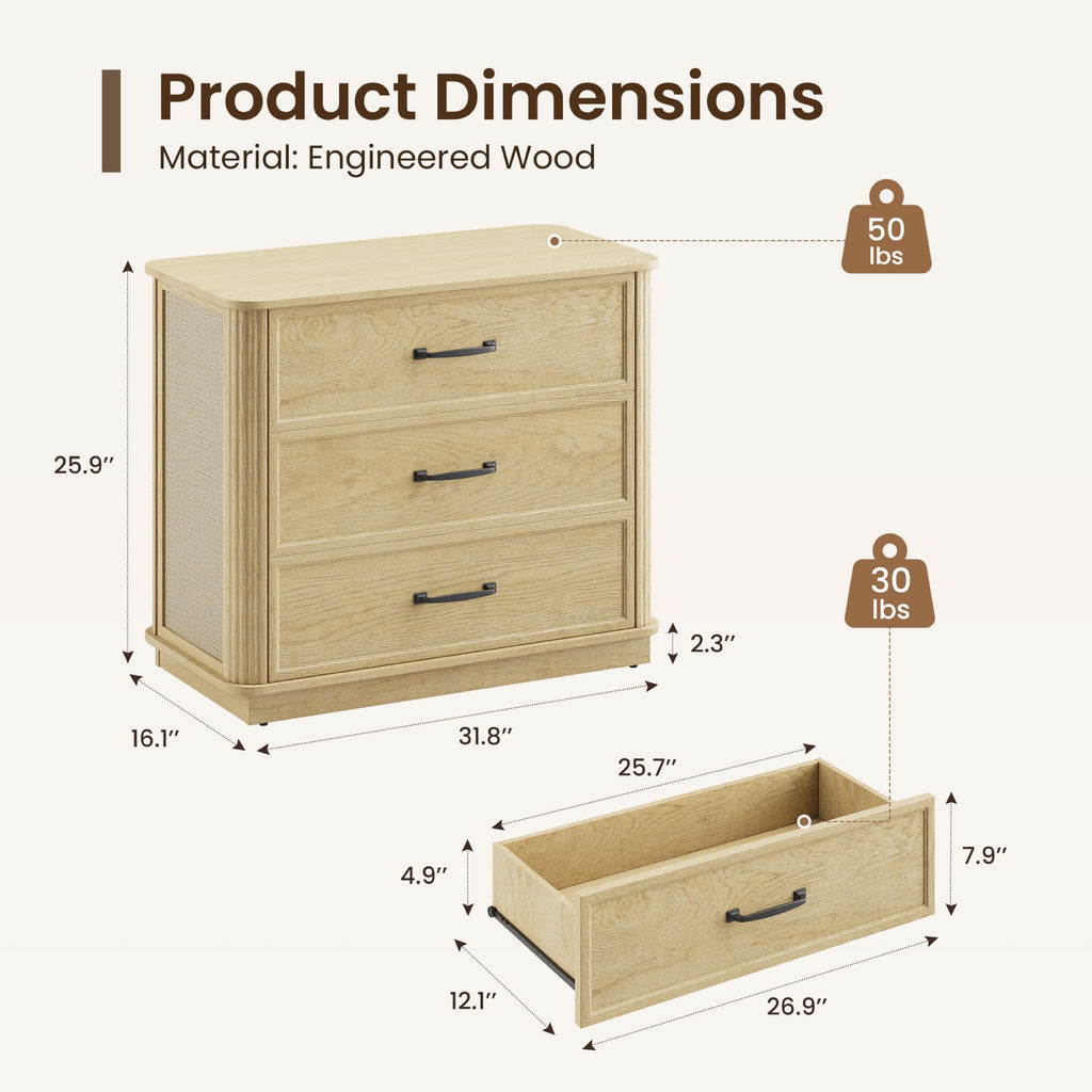 AFO 31.5" W 3-Drawer Nightstand with Oversized Large Storage, Modern Night Stands Bedside Table with Stylish Metal Handles, Wood End Table for Bedroom, Living Room