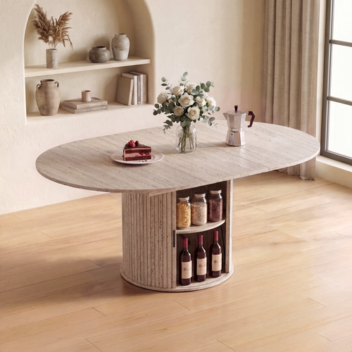 AFO 47″- 63″ Extendable Round Dining Table for 4-6, Wood Kitchen Table with Hidden Storage, Adjustable Size Oval Circle Dinner Tables for Dining Room, Kitchen & Small Space