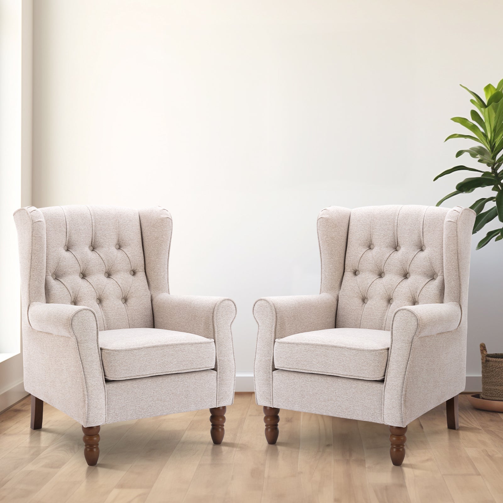 AFO Button-Tufted Wingback Accent Chair, Modern Mid-Century Armchair with Thick Padded Seat, Rolled Arm & Solid Wood Legs, For Bedroom/Office/Living Room
