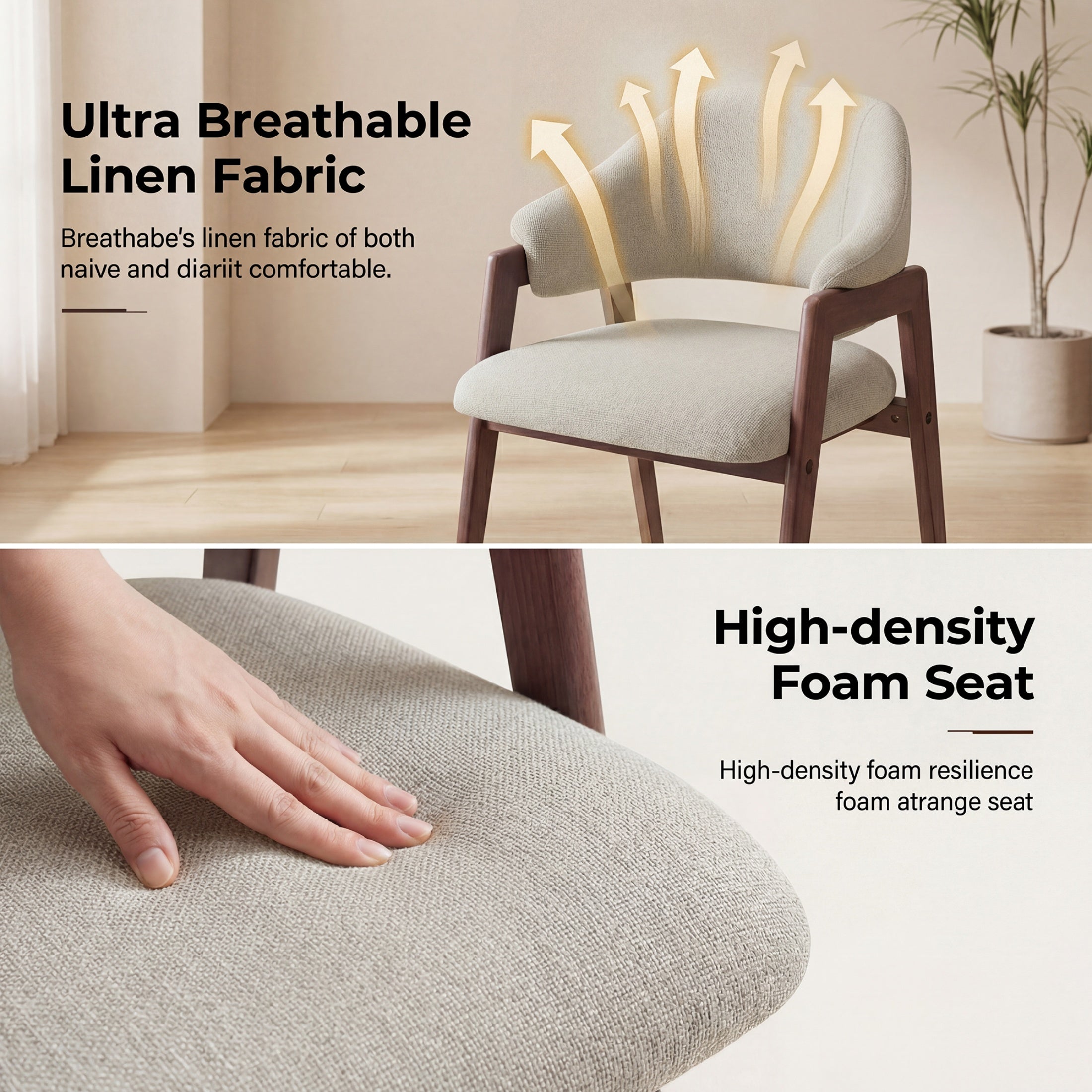 Upholstered Dining Chair, Wooden Side Chair with Curved Backrest for Dining Room