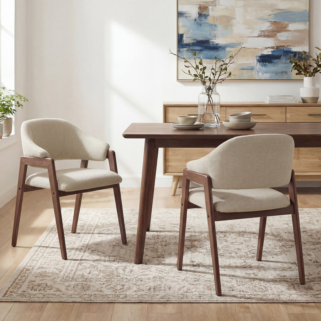 Upholstered Dining Chair, Wooden Side Chair with Curved Backrest for Dining Room