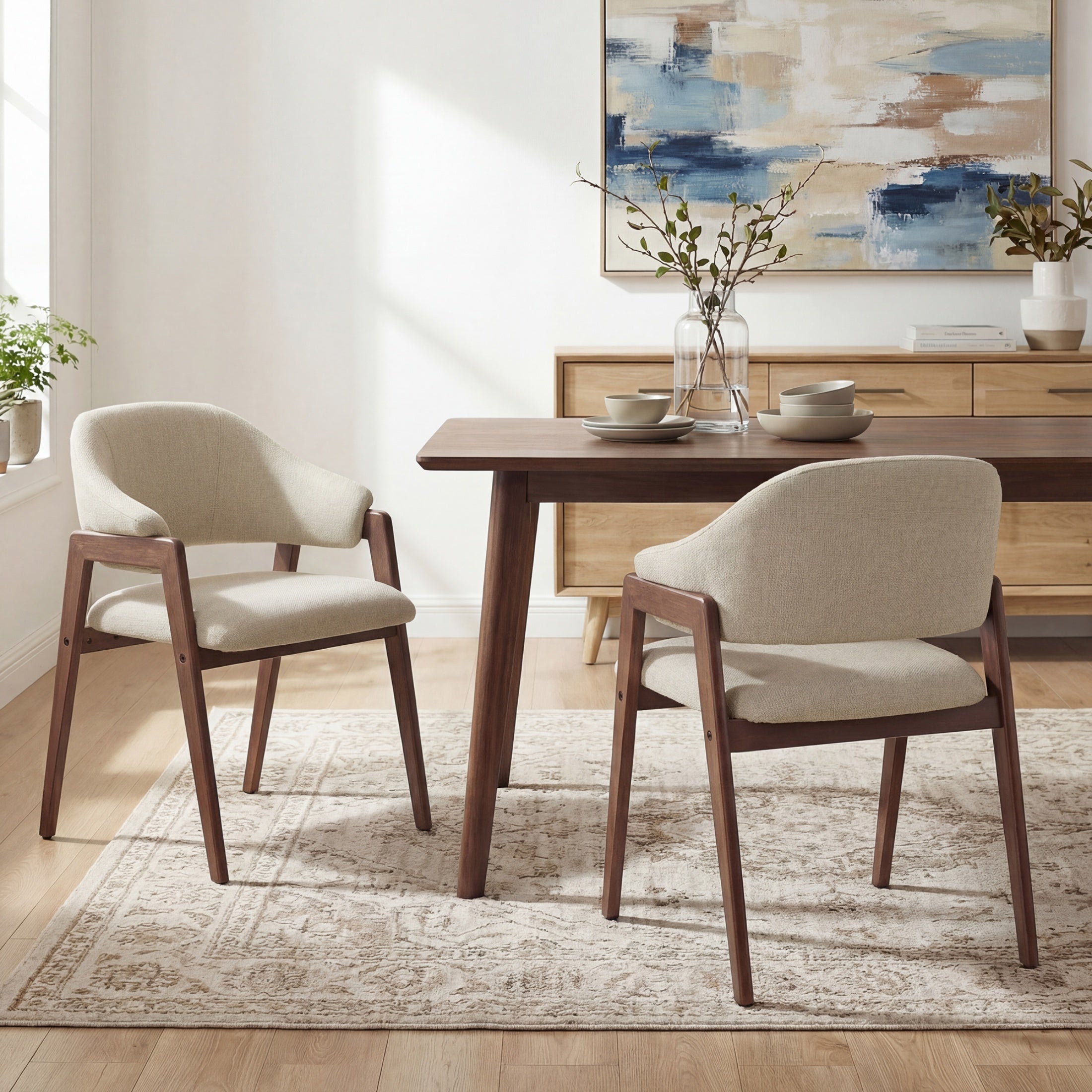 Upholstered Dining Chair, Wooden Side Chair with Curved Backrest for Dining Room