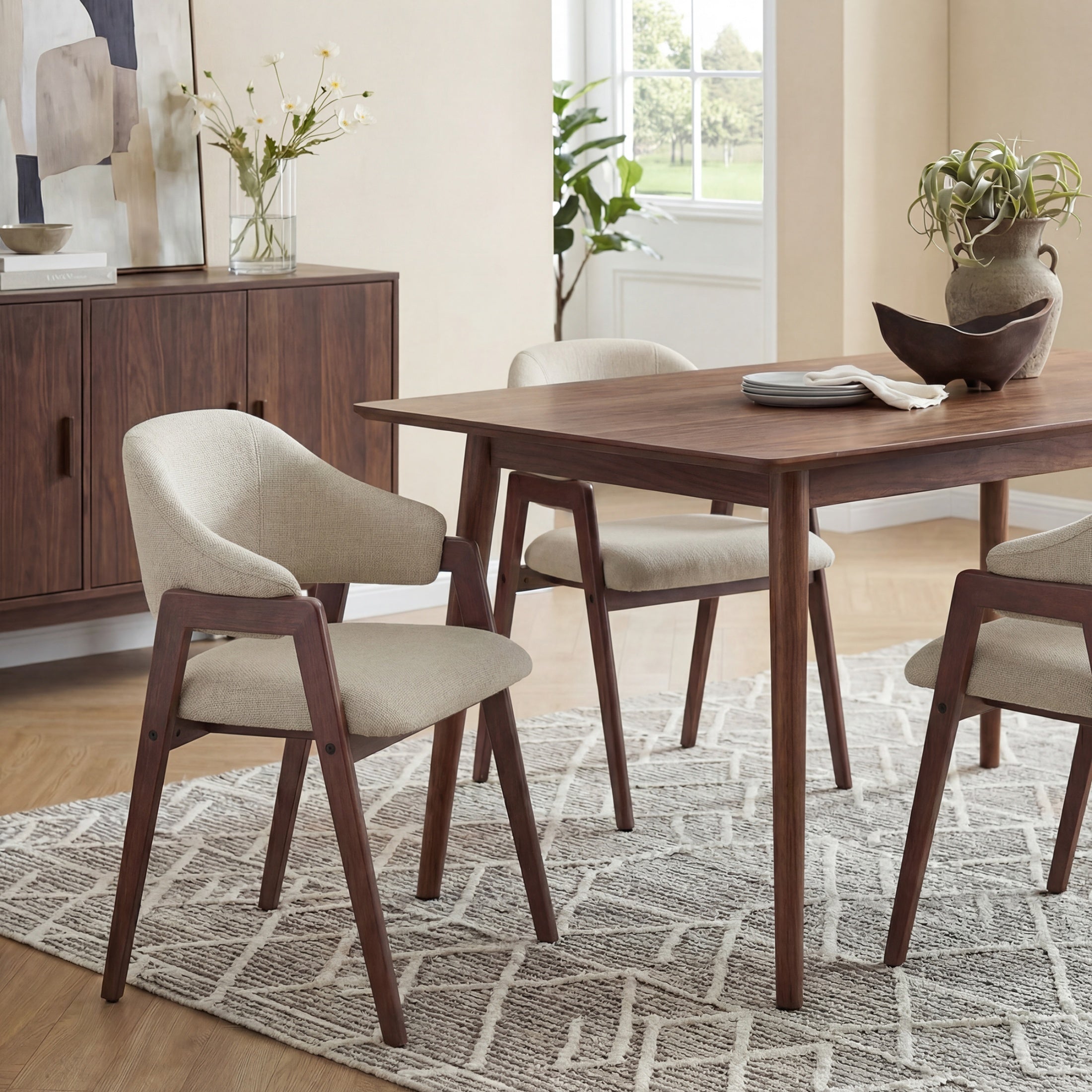 Upholstered Dining Chair, Wooden Side Chair with Curved Backrest for Dining Room