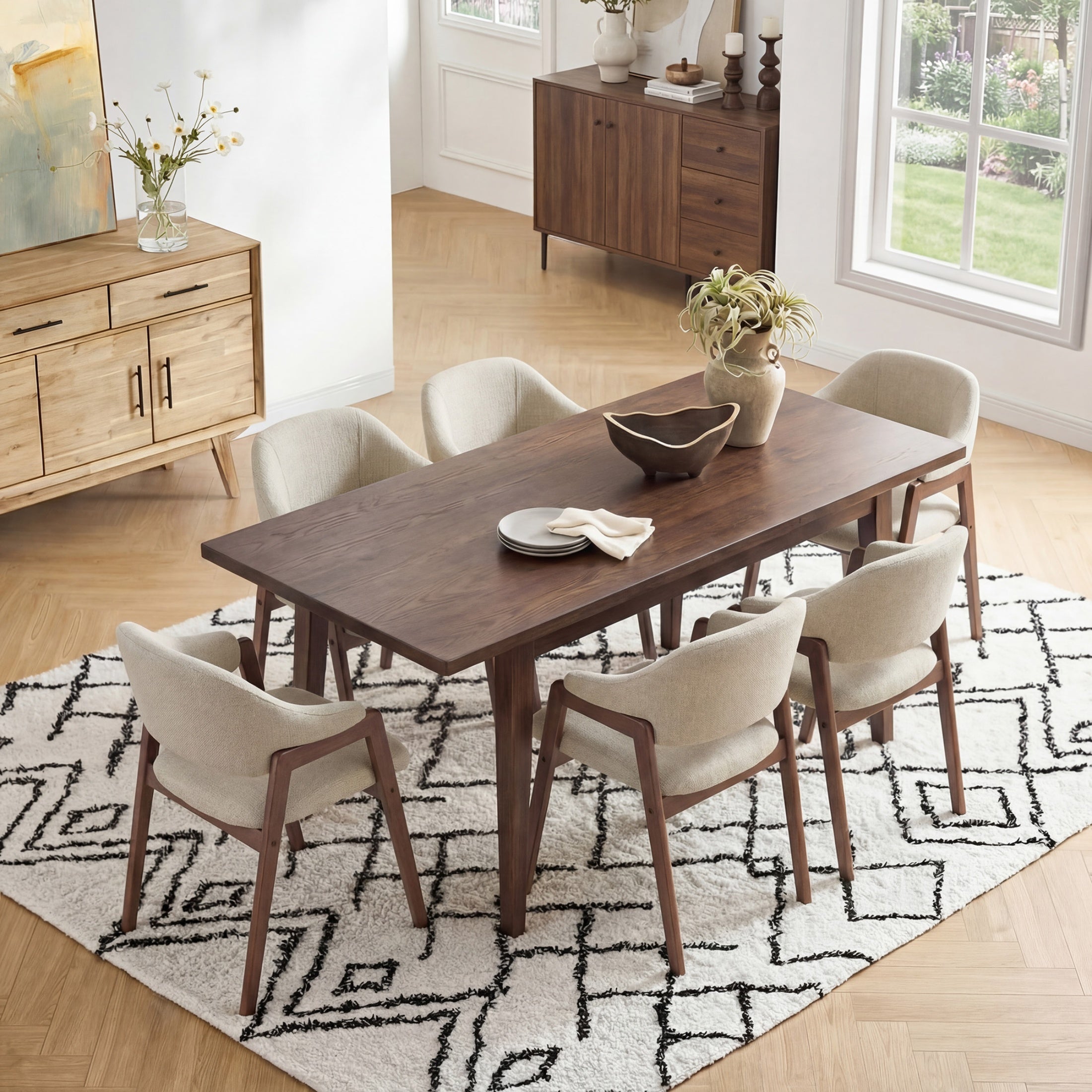 Upholstered Dining Chair, Wooden Side Chair with Curved Backrest for Dining Room