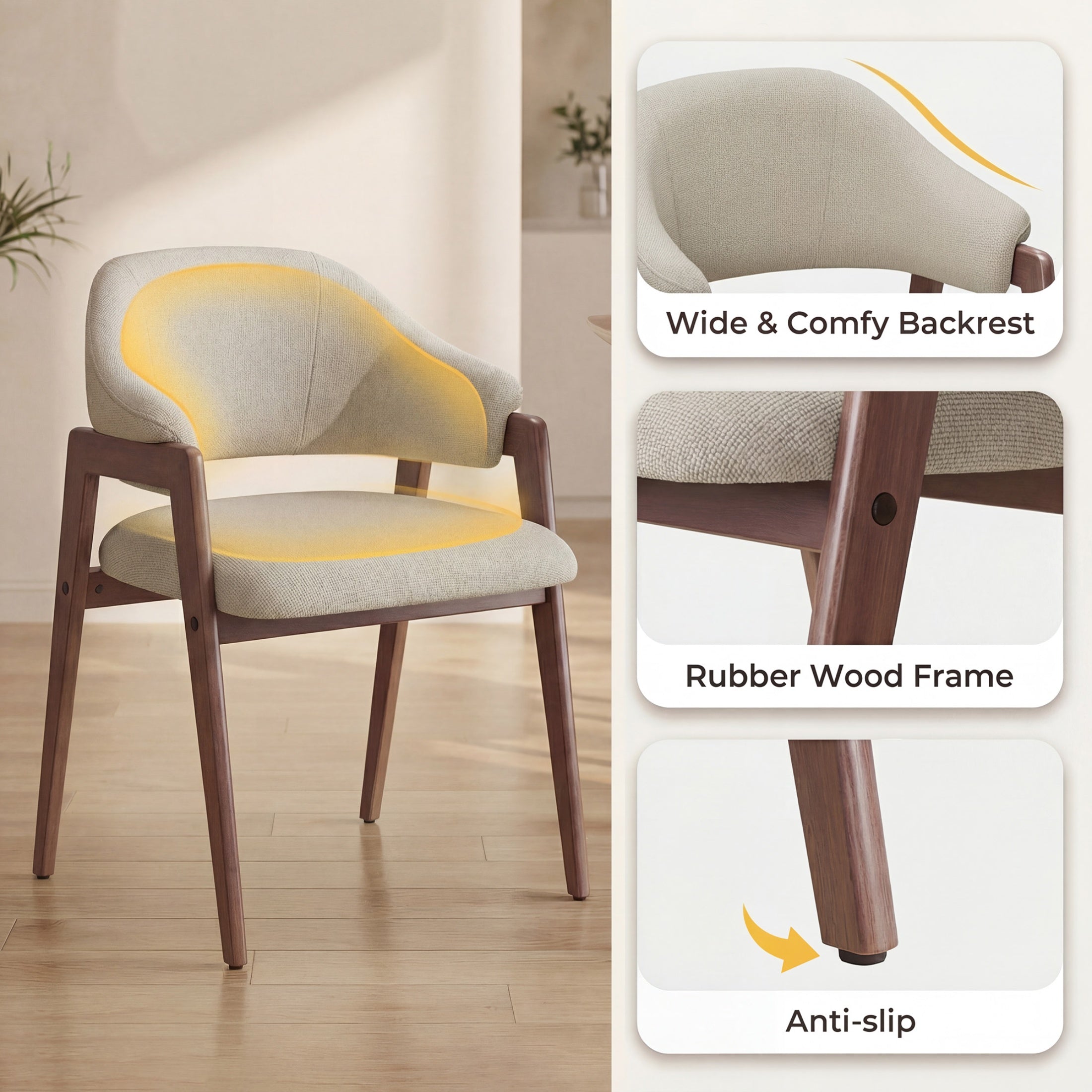 Upholstered Dining Chair, Wooden Side Chair with Curved Backrest for Dining Room