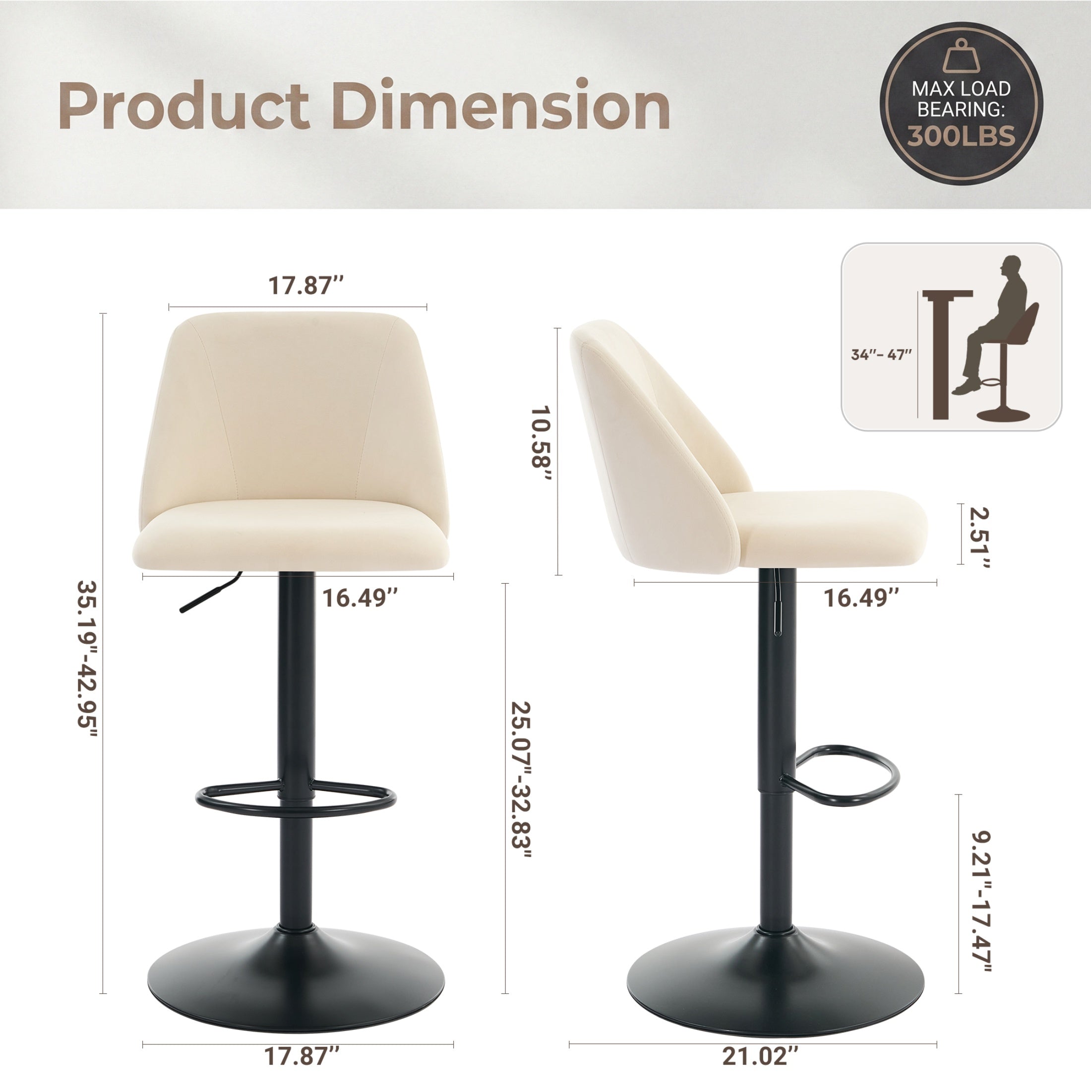 Swivel Counter Height Bar Stools, Height Adjustable, for Kitchen Island and Café